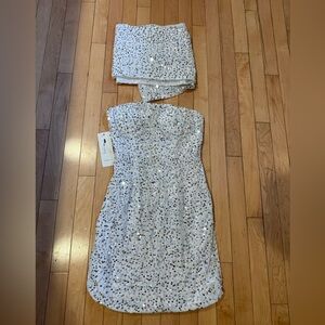 Strapless White Sequin Mini Dress with Matching Scarf